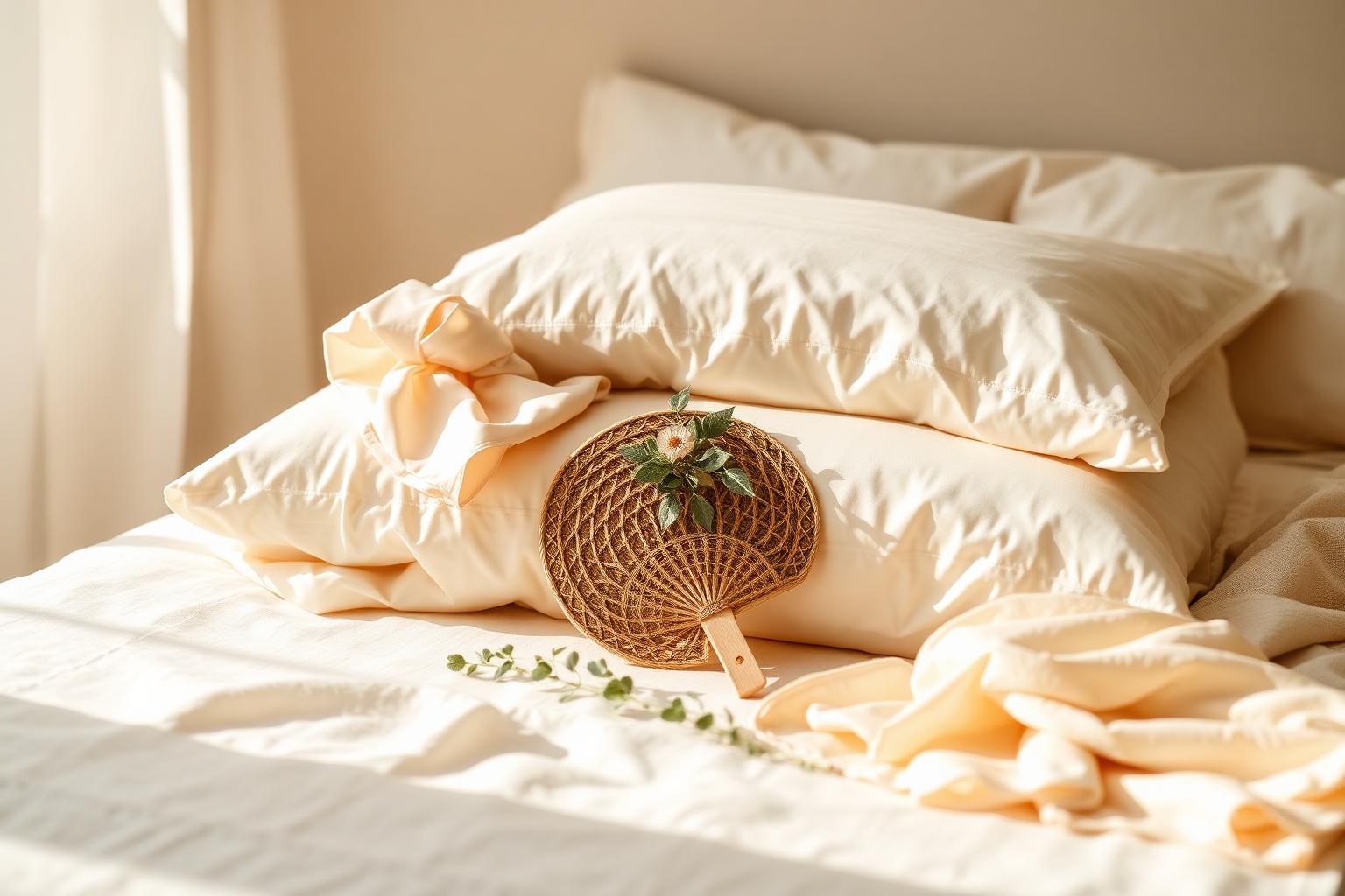 Cream bedding, satin bonnet, silk pillowcase and a woven church fan in warm light